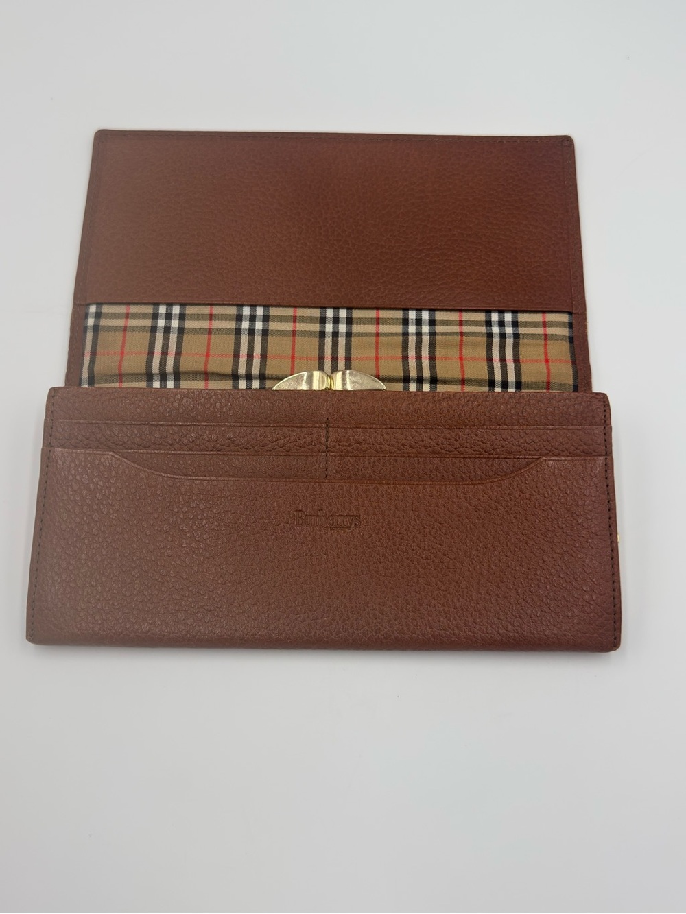 Burberrys Vintage Kisslock Brown Embossed Leather Logo Panel Nova Check Interior